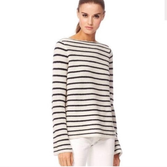 360 Cashmere Black Cream Striped Long Sleeve Super Soft Sweater - Picture 2 of 11